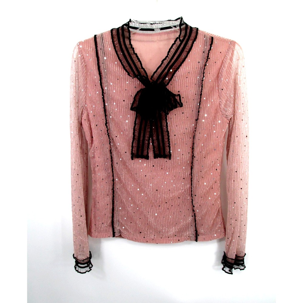 Jirai Kei Japanese Fashion Pullover Blouse Pink Black Bow Ruffle Glitter L